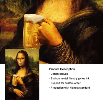 Sjove Mona Lisa Drikke Øl Lærred Malerier Berømte Plakater og Prints Væg Kunst, Modulære Billeder til stuen Home Decor