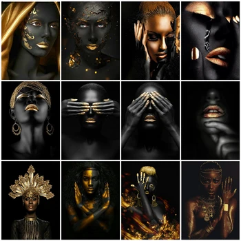 GATYZTORY Diy Maling Af Antal Sorte Guld Afrikansk Kvinde Olie Maleri På Lærred Væg Billeder Til stuen Moderne Håndlavede gave