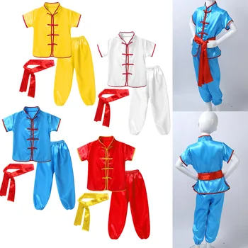 Unisex Wushu Kostume Satin Kung Fu Dragter Kampsport Uniformer Traditionel Kinesisk Korte Ærmer Shirt, Toppe, Bukser med Bælte Sæt