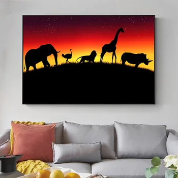 En Sort Skygge Afrikanske Dyr, Natur, Plakater Og Prints Løve, Elefant Lærred Væggen Billedet På Stof Kunst Maleri Til Stuen