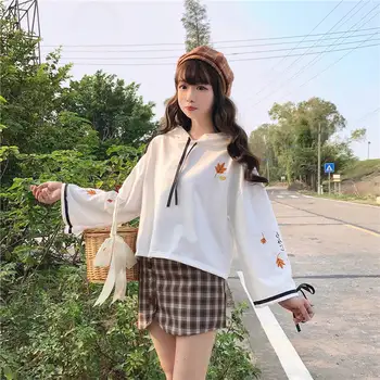 Japansk Kawaii Hættetrøjer 2019 Søde Print Harajuku Kvinder Sweatshirts Vinter Mori Girl Cherry Blossoms Lolita Hætteklædte Hoodie Piger