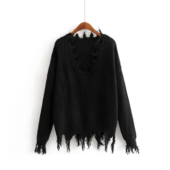 Hot salg Fai 35-1186 Europæiske og Amerikanske mode V krave, ærmer ærmer og sort sweater