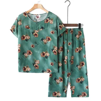 Plus Størrelse Sommer Pyjamas, der Passer midaldrende Kvinder, der Trykte T-shirt, Toppe og Bred Ben Bukser, 2 Stk Sæt Kvindelige Nattøj Home Service