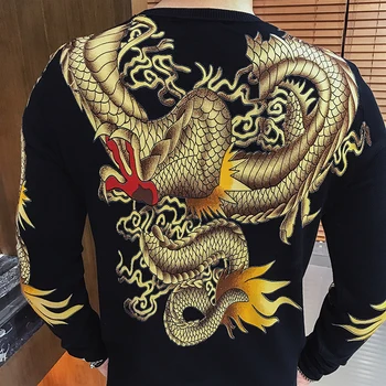 Luksus Guld Dragen Print Slank Sweaters Mænd Pullover Mandlige Kazak Club Party Stage Tøj Mandlige Sweater Trui Heren