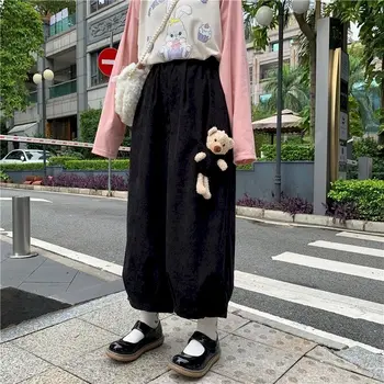 Beskåret bukser kvindelige sød bjørn wide-ben bukser efteråret college stil Japanske løs alle-match elastisk lige beskåret bukser kvinder