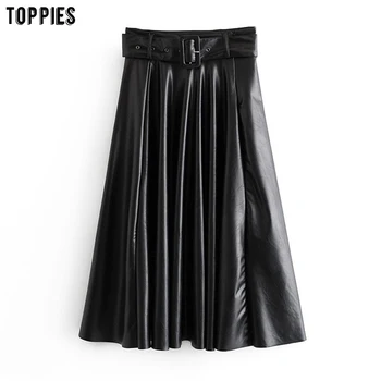 Toppies sort imiteret læder nederdele kvinders lange nederdele med høj talje a-linje faldas bælte 2021 kvinder tøj