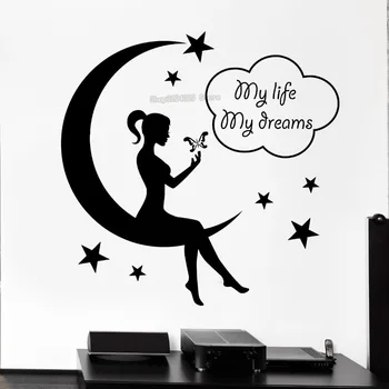 Søde vægoverføringsbillede Teenager Baby Pige Fe Moon Star Drømme Soveværelse Dekoration Vinyl Klistermærker Flytbare Vægmalerier YY135