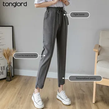 Tonglord Lace-up Elastisk Talje Casual Pants Kvinders Efteråret 2020 Ny koreansk Stil med Høj Talje Løs Tynd Uregelmæssige Ni Bukser