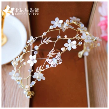 Koreanere Indgået crystal bride hair hoop smuk sommerfugl blomst svagt gyldne hår pynt hovedklæde pince cheveux femme