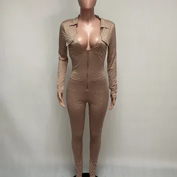 Joskaa Nye Pailletter Kompression lommer lynlås V hals solid overalls streetwear body sexet casual efteråret nye Jumpsuit til kvinder