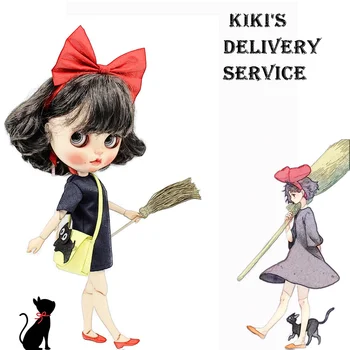 Tøj til Blyth 1/6 Dukke Kiki ' s Delivery Service Tøj Dyb Bule Kjole Rød Sløjfe-hårbånd Kat Sækken med Besom Gratis Fragt