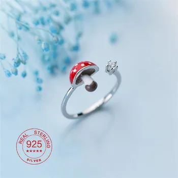 925 Sterling Sølv, Emalje Rød Champignon, Fingerringe for Kvinder CZ Bryllup Part Åben Justerbar Ring Fine Smykker Elskere Gaver