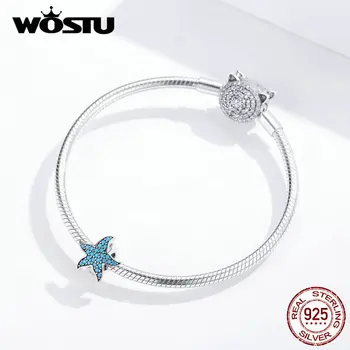 WOSTU 925 Sterling Sølv Søstjerner Silikone Prop Spacer Blue Zircon Charms Vedhæng Passer Oprindelige Armbånd-Perle Smykker DXC1313