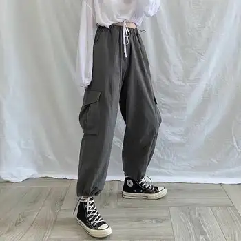 Sorte Cargo Bukser Kvinder Mode Lommer Casual Patchwork I Bukser, Mode Harajuku Efteråret Høj Talje Streetwear Bukser Helt Chic