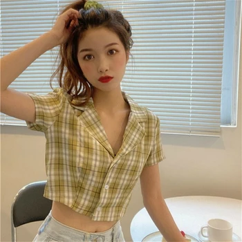 Bluser Til Kvinder 7 Smarte Farver Koreanske Plaid Sommeren Preppy Piger Afgrøde Top Nyeste Slanke Casual Street Dejlige Nye Mode Mænds Shirts