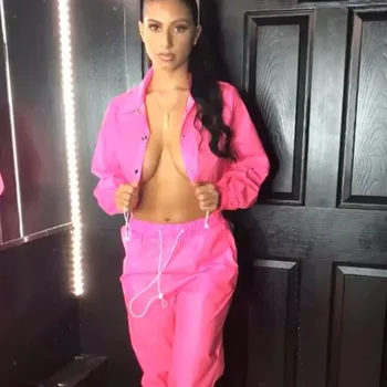 ANJAMANOR Neon Gul Mode Træningsdragt Kvinder, To-delt Sæt med Top og Bukser Matchende Sæt Pink Outfit Foråret Sved Passer D64-AF27