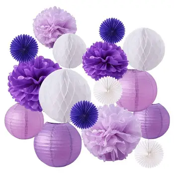 15pcs/set silkepapir Blomster Bolden Pom Poms Blandet Papir Lanterner Håndværk Kit Lavendel Hvid Babyshower Indretning Bryllup Dekorationer