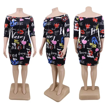 Kvinder Sexy Slash Hals Party Dress 2020 Efteråret nyankomne Lady ' s Plus Size Tegnefilm Udskrivning Lynlås Mini Kjoler Bodycon