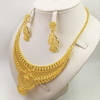 HOT Fashion bryllup Dubai Afrika Nigeria Afrikanske Smykker sæt guld-farve halskæde, Øreringe og romantisk kvinde Brude Smykker Sæt