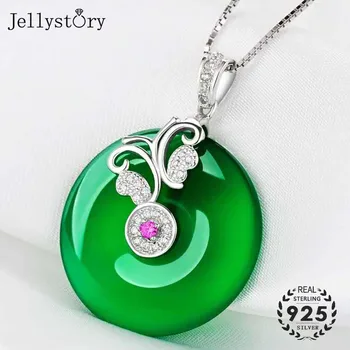 Jellystory 925 Sølv Smykker Halskæde med Rund Grøn Kalcedon Vedhæng til Kvinder koreansk Stil Engros Bryllup Gaver