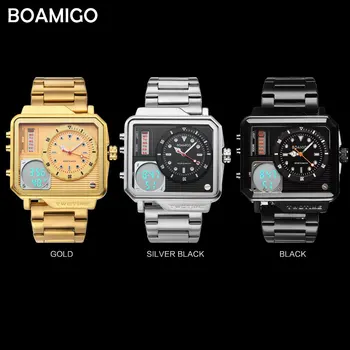 Brand BOAMIGO Led Digital Ur Mænd Auto Dato Fashion Square Mekaniske Armbåndsure Vandtæt Rustfrit Stål Mænds Ure