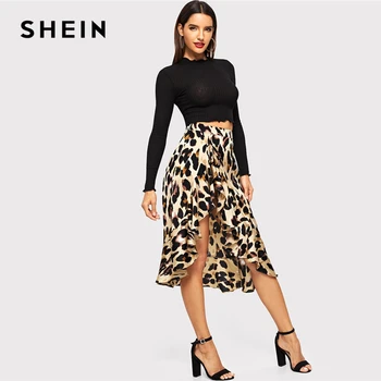 SHEIN Boho Sexet Flerfarvet Flæse Hem Leopard Print Asymmetrisk Skift Nederdel Dame 2019 Sommeren Afslappet Midten af Taljen Midi-Nederdel
