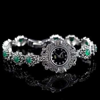 S925 rent sølv smykker dame fint med grøn agat Fashion Armbånd Ur