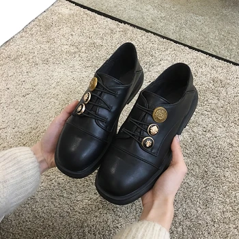 Kvinders sko læder sko 2019 efteråret og vinteren, nye mode, retro lave hæle casual sko