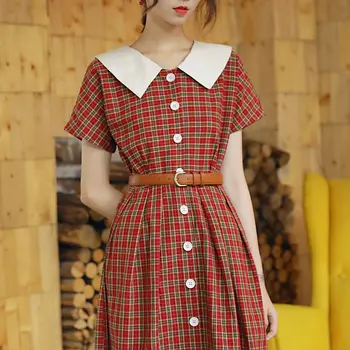2019 nye mode kvinders kjoler fransk retro høj talje sommer frisk rød kjole