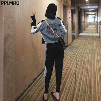 Casual tegnefilm trykt træningsdragt to piece suit kvinder koreanske stribe patchwork lynlås top + stribe sweatpants sports-suit female