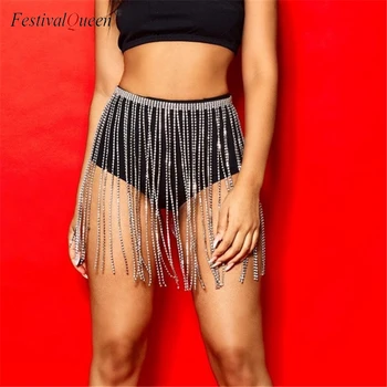 FestivalQueen sexet krystal besat kvast metal mini nederdel kvinder glitter rhinestone høj talje kæde part nederdel clubwear 2018
