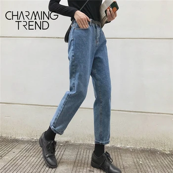 Kvinders Jeans Bukser Sort koreanske Afgrøde Jeans Piger Studerende Vintage Solid Lange Bukser Passer Kvindelige Høj Talje Denim Bukser til Kvinder