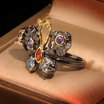 CIZEVA Bohemia Smykker Overdrevet Butterfly Sort Guld Ring Retro Zircon 925 Sterling Sølv Ring Kvindelige bryllupsfest Ringe
