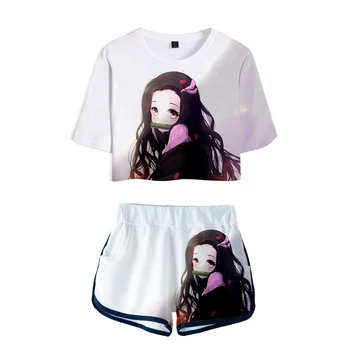 Ghost Blade Varmt 3D Udsat Navlen T-shirt+shorts to-delt sæt print Demon Slayer Kvinder/piger, Mode Sommer to-delt sæt