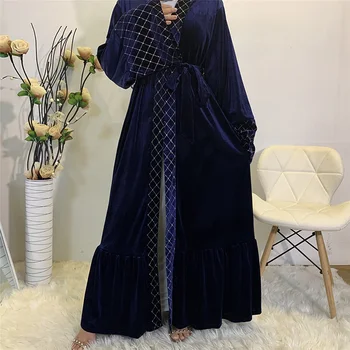 Nye Ankomst Golden velvet Åben Front Abaya Kimono Muslimske Kvinder Kjole Beskedent Slid Dubai Tyrkiet Ren og skær Abaya Duster Cardigan