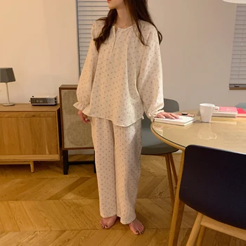 Fremmede Kitty 2021 To Stykke, Der Passer O-Hals Bomuld Blid Muntert Print Sød Homewear Koreanske Casual Løs Chic Mode Pyjamas Sæt