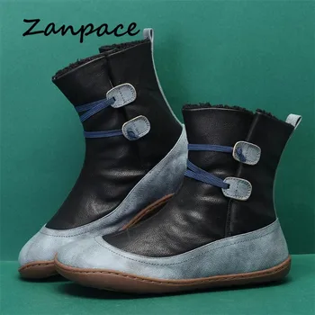 ZANPACE 2020 Læder Vinter Sne Støvler Sål Fur Varm Platform Sko Casual Rund Tå Platform Ankel Støvler til Kvinder