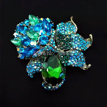 3,2 Tommer Bronze Forgyldt Ekstra Store Grønne Rhinsten Krystal Diamante Blomster-Broche