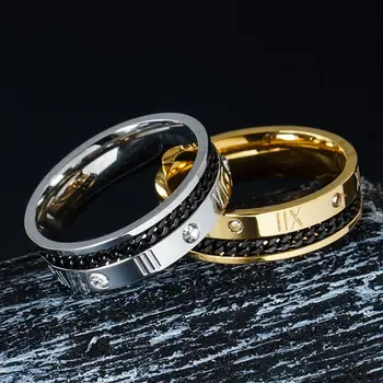Kæreste Par Ring Mode Romerske Tal Skinnende Rhinestone CZ Bryllup Bands Ring i Rustfrit Stål Smykker til Kvinder, Mænd Party Gave