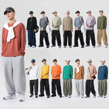 Solid langærmet t-shirt mænd er faldet 2020 bomuld multi-farve i stor størrelse løs par T-shirt
