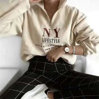 Broderi Brev Hvid Lynlås Revers Pullovere Vintage Sweatshirt Kvinder, Piger-Plus Size 2020 Efterår og Vinter Nye USA i fransk Stil, som