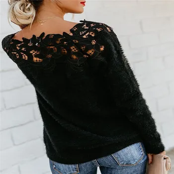 Trendy Kvinder tøj Geometri Strikket firkantet krave Sweater, Pullover Polyester langærmet Toppe én stykker