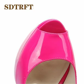 SDTRFT Plus:44 45 46 47 48 Sommer sandaler 16cm tynd hæle sexet kvinde Patent Læder Guld bunde Åben Tå sko damer pumper