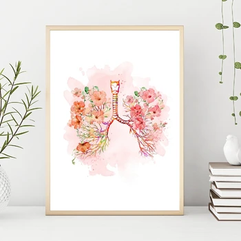 Lunger Og Pink Blomster Print Bronkier Akvarel Medicinsk Anatomi Billeder Væg Kunst, Lærred Maleri Medicin Læge Kontor Indretning