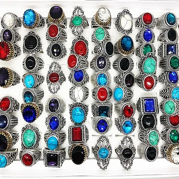 MIXMAX 100pcs vintage sten Ring kvinder mænd unisex Tribal etniske stilarter Tibetansk Sølv oval Smykker engros masser bulk
