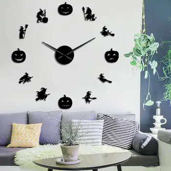 Heks med Kosteskaft Silhuet Giant DIY vægur Halloween Væg Kunst, Indretning Gave Eventyr Og Græskar Spejl Effekt Ur