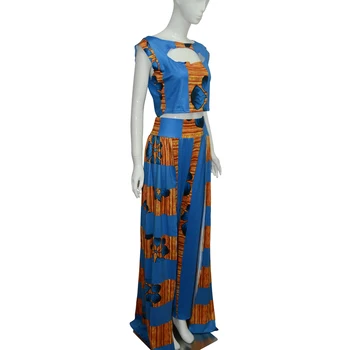 Afrikanske Dashiki Kvinder Suit Blå Ærmeløs Top + TrousersCasual Fashion High Street Nye Two-piece Afrikanske Kvinder Tøj