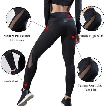 SALSPOR Kvinders Træning Leggings med Høj Talje Solid Mode Mesh Slank Legging Kvindelige PU Splejsning Trænings-og Elastisk Kraft Leggins