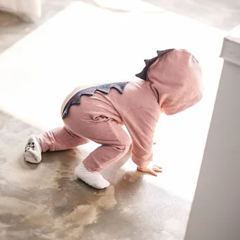 Baby Dreng-Pige 3D Dinosaurus-Kostume Solid Pink Grå Rompers Varmt Forår Efterår Bomuld Romper Playsuit Tøj