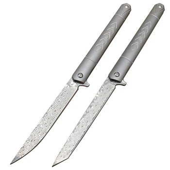 Damaskus Stål Folde Kniv TC4 Titanium Håndtag Bærbare Utility Lomme Knive Udendørs Camping Jagt selvforsvar Værktøjer
